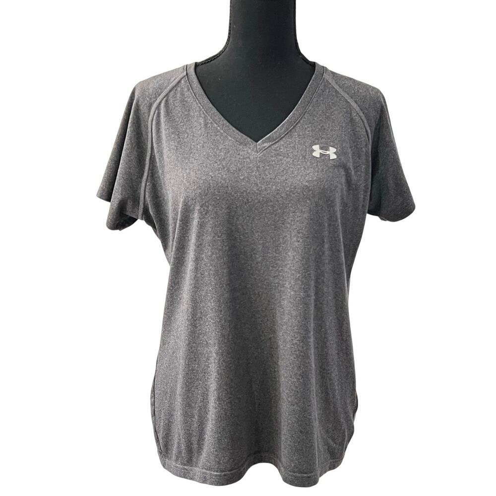 Under Armour Heat Gear Semi-Fitted V-Neck Top Women's L Gray Polyester Athletic